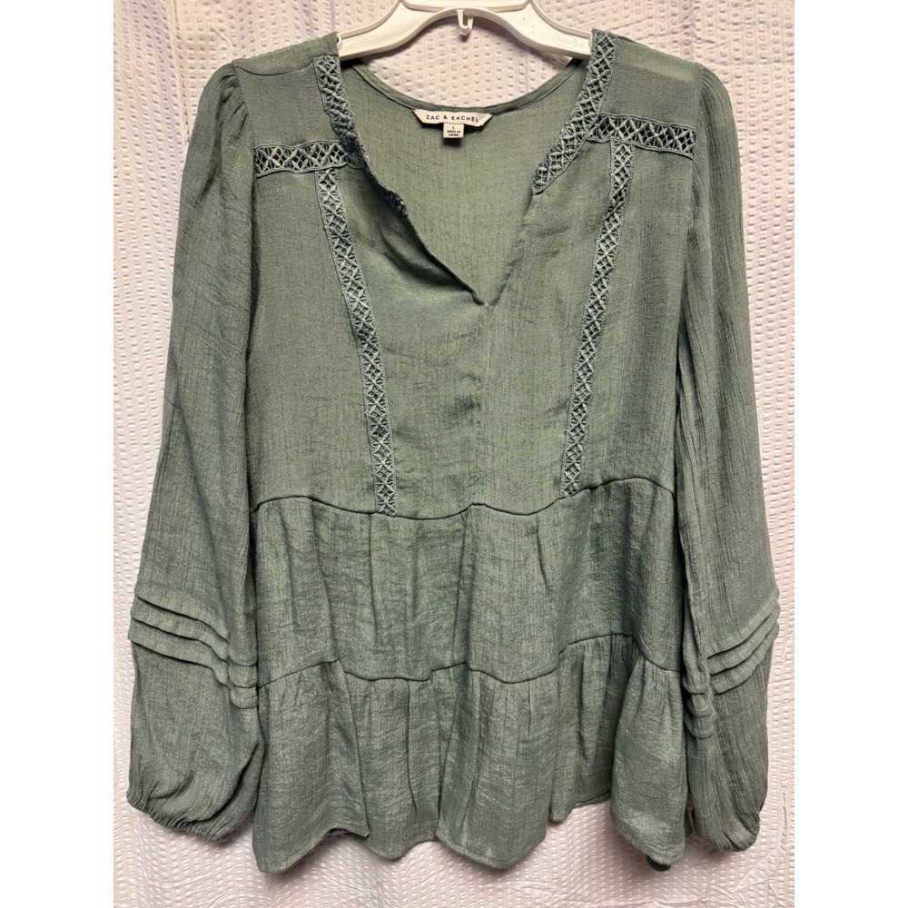 Zac & Rachel Peasant Top Tunic Blouse Boho Sheer Balloon‎ Sleeve Tiered Green LG